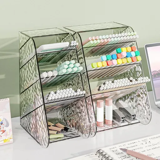 Slanted Desktop Organizer - Clear Acrylic Pen Holder w/ Angled Slots, Cosmetic Brush Storage & Office Supply Tray for Desk (Multi-Use Stationery Box)\u200b\u200b L White