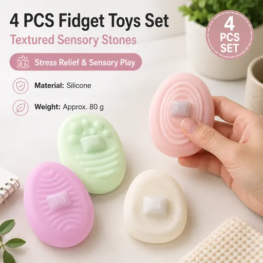4 Piece Light-colored version Silicone Fidget Toys Set - Textured Sensory Stones for Stress Relief, Focus and Anxiety Support, Portable Desk and Fidget Essential