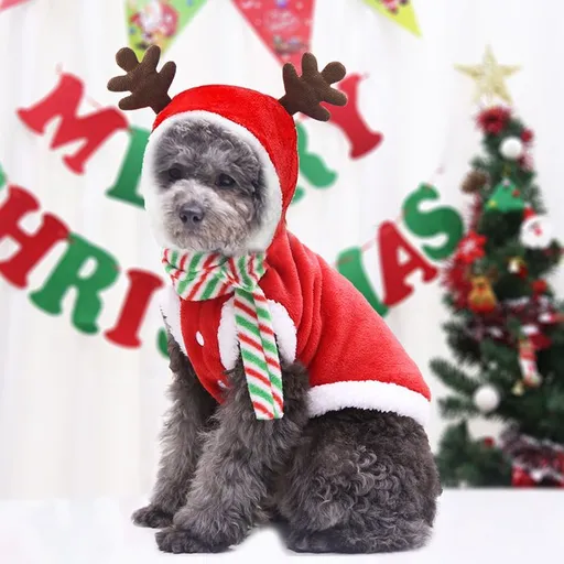 Shine Pet Flannel Antler Dog Clothes (Green Scarf) Hooded Flannel Antlers XL bust 50cm back length 40cm
