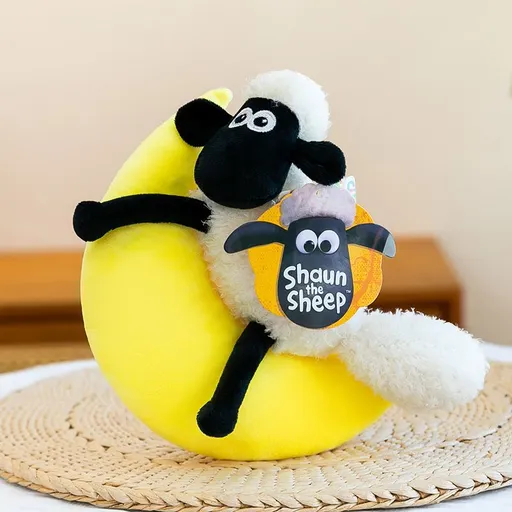 Cute Shaun the Sheep Plush Toy - Soft Stuffed Sheep with Moon Prop - Adorable Animal Plushie for Birthday Gift - Shaun Moon 22cm