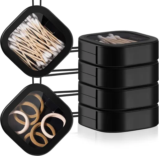4 Pcs Black Hair Tie Organizer Portable Hair Accessory Storage Containers Stackable Tie Bobby Pin Holder Home Cotton Swab Dispenser Accessories Jewelry Organizer Box