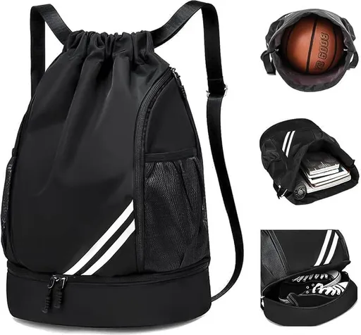 Black Drawstring Sports Backpack with Wet and Dry Compartments and Shoe Pocket, 43 x 34 x 15 cm