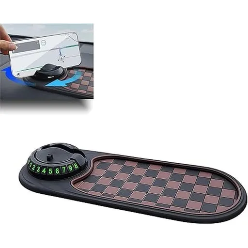 Multifunction Car Dashboard Anti-Slip Mat with 360° Rotatable Phone Holder and Temporary Parking Number Display, Non-Slip PVC Pad for Phones, Sunglasses, Keys, 11.8 x 4.7 Inches