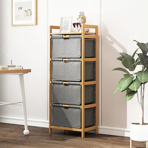 Bamboo Shelf with Storage Hamper – Wooden Organiser with 4 Laundry Bags