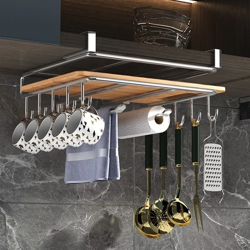 Coffee Mug Holder Under Cabinet, 10 Hooks Cup Organizer - No Drill Stainless Steel Kitchen Rack for Cutting Boards & Mugs, Space-Saving, Multipurpose Under Shelf Mug Rack, 10.5x10.1in