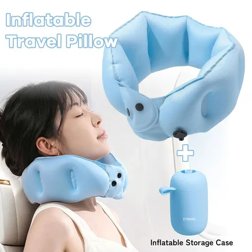 Portable Inflatable Travel Neck Pillow, Nap Pillow, Comfortable Neck Support for Long Trips, Easy to Pack for Business Trips and Travel, Foldable and Slim Travel Pillow - Blue