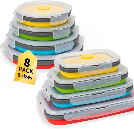 Collapsible Food Storage Bowls with Vented Lids, 8 Pieces Set | 4 Rectangular & 4 Round Silicone Containers, Reusable Lunch Boxes, Microwave Fridge Dishwasher Friendly, 4 Assorted Colors