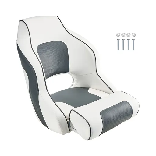 Boat Seat, High Backrest, Flip Up Boat Seat Captain Bucket Seat with Thickened Sponge Cushion & Waterproof PVC Leather, Ergonomic Design, Folding Boat Seat for Boats, Yachts, Ships, White & Grey