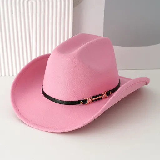 Western Cowboy Hat - Pink Wide Brim Cowboy Hat with Leather-Look Band, Metal Rivet and Square Buckle Detail for Casual, Festival and Western Style