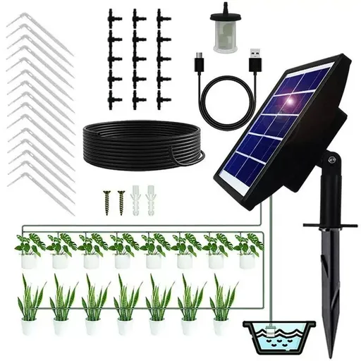 Solar-Powered Automatic Drip Irrigation Kit with 180° Adjustable Stake, 15m Watering Hose for Up to 15 Potted Plants—Ideal for Balcony, Patio, Greenhouse, and Outdoor Garden Auto-Watering While You're Away. (Black)