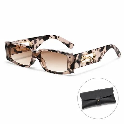 Rectangle Sunglasses with Leopard Detail - Leopard print frame, Unisex Fashion Eyewear with Black Glasses Storage Pouch