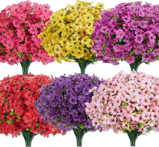 12 Bundles UV Resistant Artificial Violet Flowers with Eucalyptus Leaves for Outdoor Patio Garden & Indoor Home Decor (6 Colors)