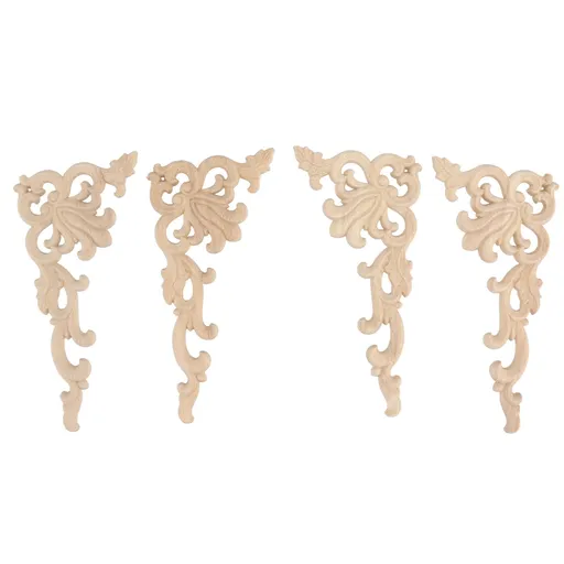 4Pcs Wood Corner Applique Decorative Carved Corner Onlay Applique for Cabinet Door Bed Wardrobe Furniture Decoration