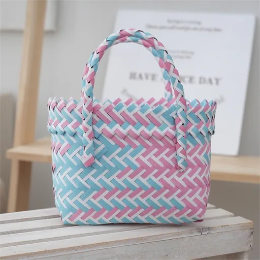 Handwoven Fresh PP Tote Bag with Upright Square Structure & Flower Deco, Durable Mini Spring Picnic Basket and Favour Handbag 16x16x9cm, Pink Blue Contrastion