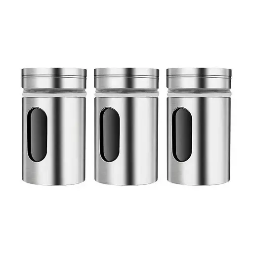 Set of 3Pcs Powder Sugar Shaker with Lid,Stainless steel transparent glass seasoning tank, for Sifter Cocoa,Cinnamon