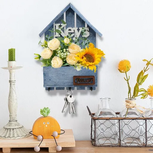 Wall Mount Key Hooks Entryway Organizer, Wood and Iron Small Space Key Storage Rack with Hooks, Coffee Green Blue Yellow, 29x17.5x6cm/11.41x6.88x2.36 Inches
