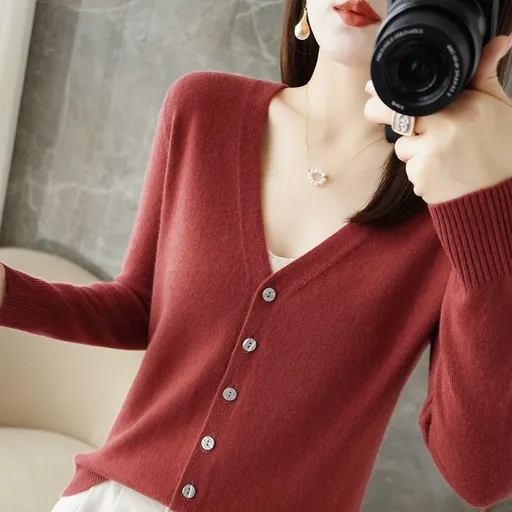 Women V Neck Knitted Cardigan Long Sleeve Sweater rust red M Size: M; Height (cm): 160-165; Weight (kg): 50-55; Bust (cm): 86-90; Waist (cm): 70-74; Shoulder width (cm): 38; Length (cm): 60