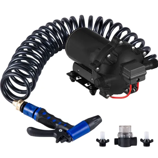 RV Water Pump 5.3 GPM 5.5 Gallons Per Minute 12V Water Pump Automatic 70 PSI Diaphragm Pump with 25 Foot Coiled Hose Washdown Pumps for Boats Caravan Rv Marine Yacht