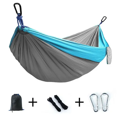 Camping Hammock with Tree Straps and Carry Bag, Portable Nylon Travel Hammock for Hiking, Beach, Camping and Indoor Relaxation, Grey and Blue