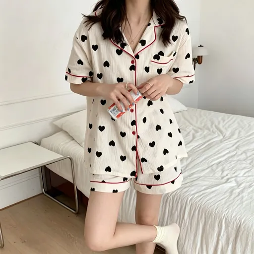 Black-Red Heart Size L | Bubble Crinkle Short-Sleeve Shorts Pajama Set | Christmas Contrast Heart Gift | Tummy-Covering Edgy Sweet Women's Homewear
