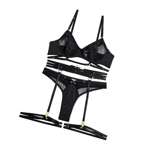 House Of Dasein Spring And Summer Fashion Lace Complex Craft Gathered Hollow Out Mesh Sexy Lingerie Four Piece Set For Women - Black - Xl