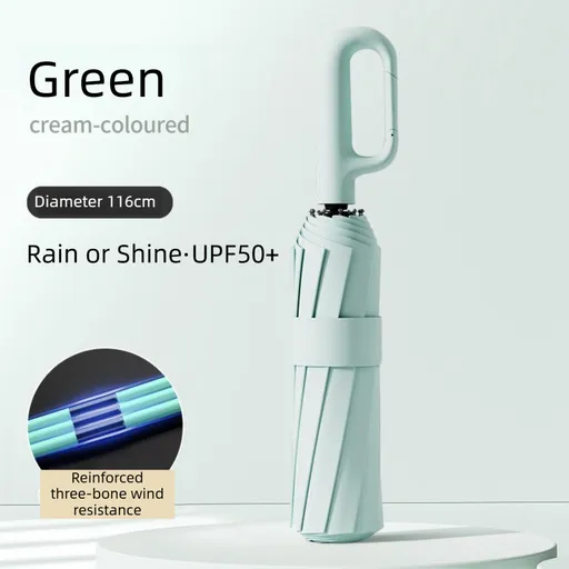 Green Heavy Duty Fully Automatic Carabiner Umbrella with Integrated Hook Handle (Diameter 116CM) - Ultra Windproof and UV Protective Sun & Rain Umbrella