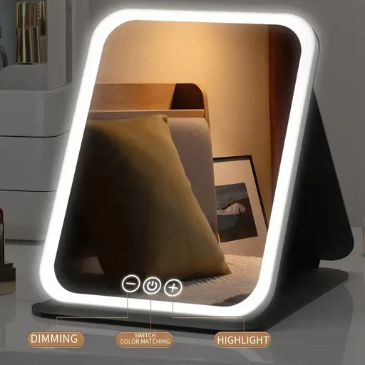 LED makeup mirror, portable travel mirror with foldable design and built-in lights, 3 lighting modes, intelligent adjustable light strip makeup mirror, rechargeable travel mirror, LED light mini vanity mirror, 3 color modes with adjustable light, fol