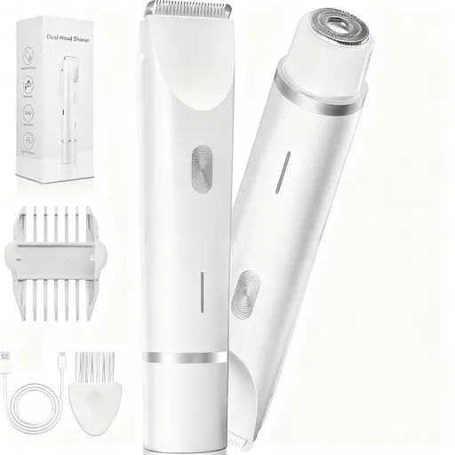 2-in-1 Electric Lady Shaver & Bikini Trimmer Dual Head Waterproof Wet & Dry Body Hair Remover Cordless Razor for Face Legs Underarms White