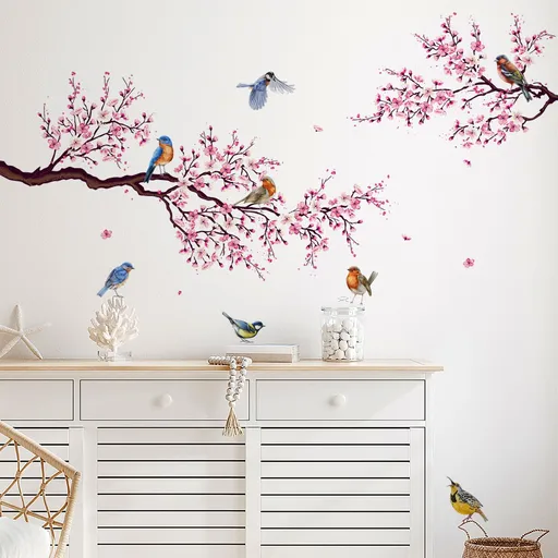 Cherry Blossom Wall Art Decals Bird Branch Floral Wall Stickers for Living Room Girls Bedroom Nursery Wall Decor