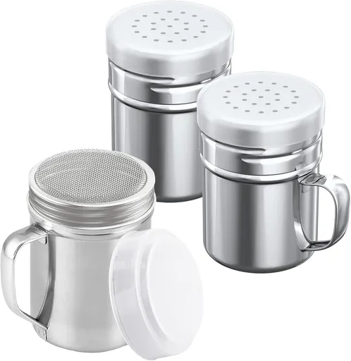 [1-pc] 6 oz Powdered Sugar Shaker Duster + [2-pcs] 6 oz Stainless Steel Salt Pepper Dredge Shakers - All with Plastic Caps and Handles Bundle
