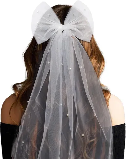 Bride Accessories Hair Bow Pearl Wedding Veil with Barrette Bachelorette Party