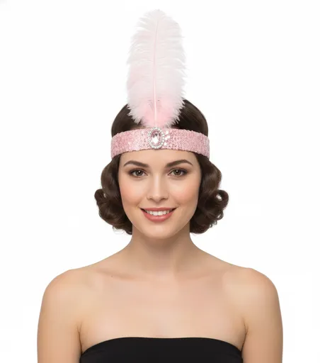 WIDE FLAPPER HEADBAND Feather Sequin Costume Gatsby Charleston Headpiece 1920s - Light Pink