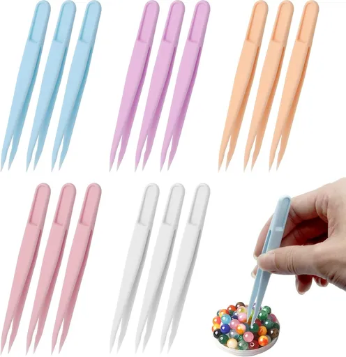 15PCS Multi-Colors Plastic Tweezers, Plastic Fuse Beads Forceps for DIY Craft Jewelry Making Family, Handmake Beads Crafts Tweezers/Manual DIY Creative Craft Game Tool for Beading Projects