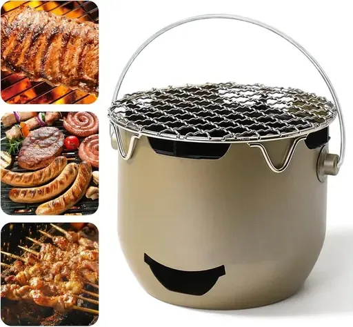 1 Piece Portable Charcoal Grill, 304 Stainless Steel Mini BBQ with Carry Handle for Camping and Picnics for 2-6 People, Silver