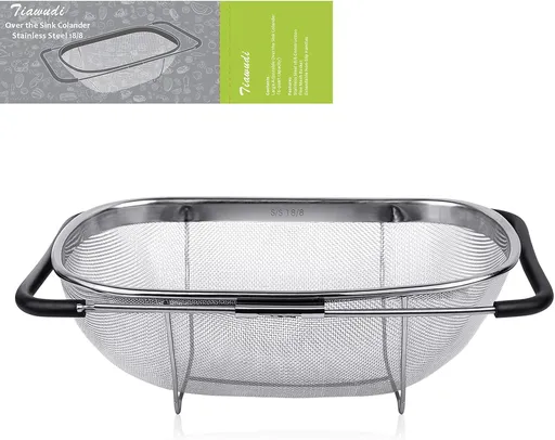 6-Quart Large Over The Sink Colander, Heavy Duty 40% Thicker 18/8 Stainless Steel ine Mesh Strainer Basket with Expandable Rubber Grip Handles - Strain, Drain, Rinse ruits, Vegetables