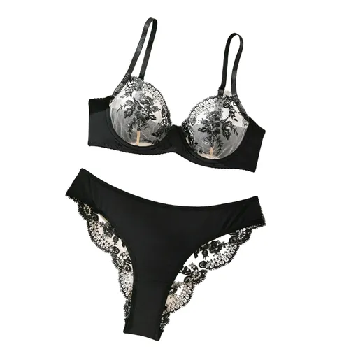 Sexy Embroidered Bra Underwear Ultra Thin Mesh Splicing Large Chest Minimizer Women's Transparent Two Piece Set - Black - L