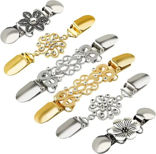 6PCS Retro Sweater Clips for Cardigans, Vintage Cinch Clip for Dresses, Variety of Styles Dress Clip Back of Shirts Cinches Shawl Clips for Different Women Clothing, 3 Sizes, Small, Metal, no