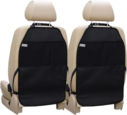Car Seat Protector Large Kick Mat 2 Pack Durable Water Resistant Auto Seat Back Covers with 2 Mesh Pockets Protection Against Dust Mud Scratches (Black, 2-Pack)