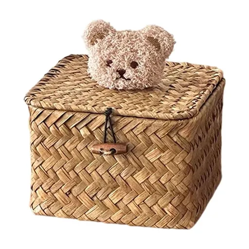 Wicker Shelf Baskets with Lid, Seagrass Storage Basket Bins, Handwoven Basket Boxes for Shelves Desktop Home Organizer