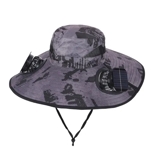 Camouflage Grey Dual Turbo Fan Sun Hat with Square Solar Panel & TypeC Interface - Waterproof 14cm Wide-Brim Cooling Hat for Outdoor Fishing Hiking Camping