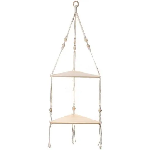 Double layer Bohemian cotton rope hand woven shelf, triangular wooden crafts, home decoration, flower pot storage(white 90*32.5cm)