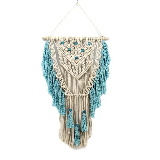 Wall Hanging Woven Wall Art Aqua Blue Color Tassel Macrame Tapestry Boho Pediments Wall Decor Wall hanging for Apartment