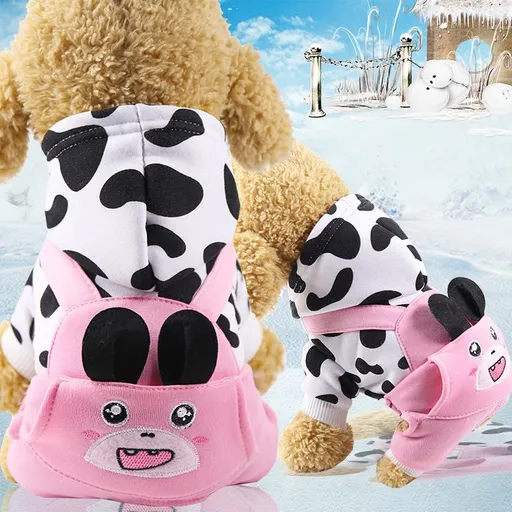 Shine Pet Dog Cat Fleece Sweatshirt Autumn Winter Four Leg Pocket Embroidered Pink Cow XL (back length 40CM)