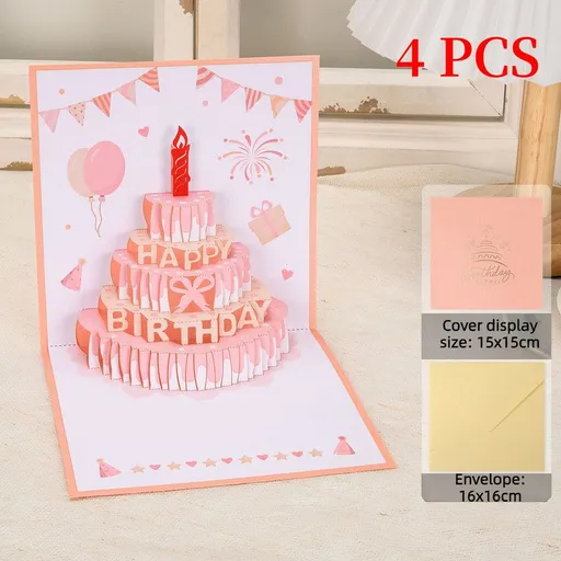 4-Pack - Cake 3D Pop-Up Birthday Cards, Papercut Foldable Greeting Gift Cards - Pink