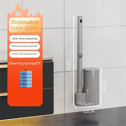 Grey Disposable Toilet Brush Set with Built-in Cleaner – Wall-Mountable, No-Drill Bathroom Cleaning Kit with Replaceable Heads(5 ocean-cleaning cotton pads)