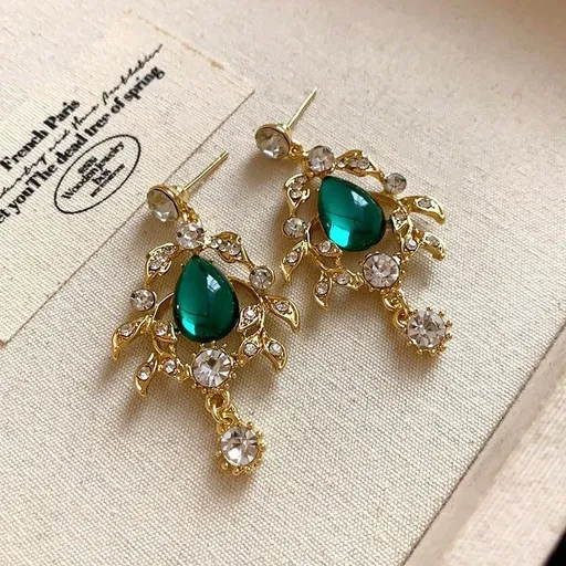 Gold Silver Needle Earrings with Green Stone | Christmas Botanical Vintage Gift | Green Floral Rhinestone Heart Earrings Retro Luxury