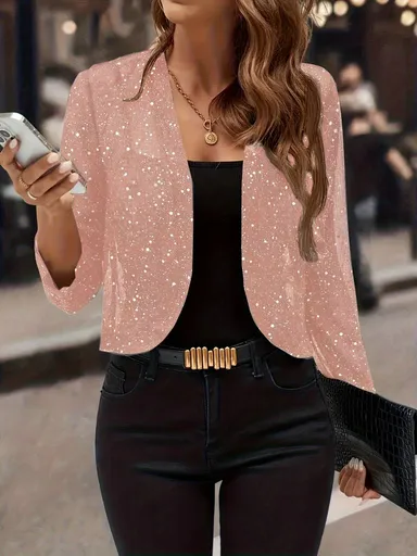 Sparkly Women'S Jacket Sheer Jacket Women'S Outerwear Fashion Jacket Glamorous - Pink - Size XL