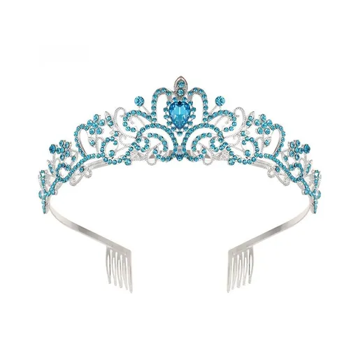Princess Rhinestone Queen Hair Tiara Headband Hair Accessories Crystal Crown - Silver-Blue