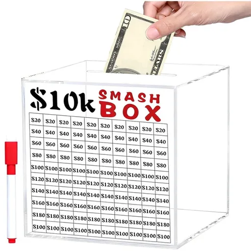 10k Smash Money Box, Adult Unbreakable Little Pig Bank, Challenge Box to Save $10000, Transparent Acrylic Savings Box