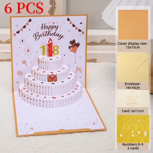 6-Pack - DIY Heart-Shaped Cake 3D Pop-Up Birthday Cards, Two-Color Papercut Foldable Greeting Cards - Gold